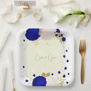 koninklijk blauw & witte bloemen goud papieren bordje