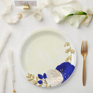 koninklijk blauw & witte bloemen goud papieren bordje