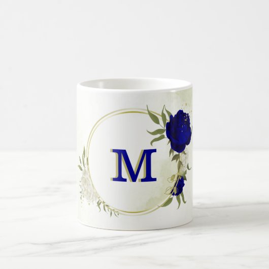 koninklijk blauw witte bloemen groen koffiemok (Center)