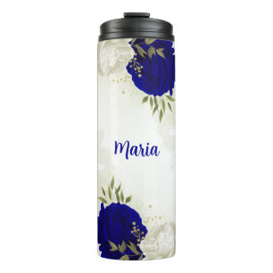 koninklijk blauw witte bloemen groen thermosbeker