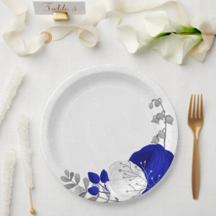koninklijk blauw & witte bloemen zilver papieren bordje