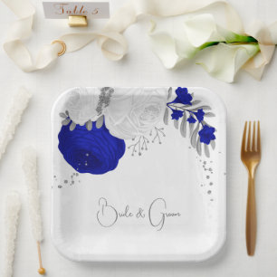 koninklijk blauw & witte bloemen zilver papieren bordje