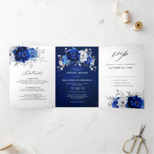 Koninklijk Blauw Witte Metallic Zilveren Bloem Bru Drieluik Aankondiging