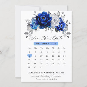 Koninklijk blauw witte zilveren metalen bloemencal save the date