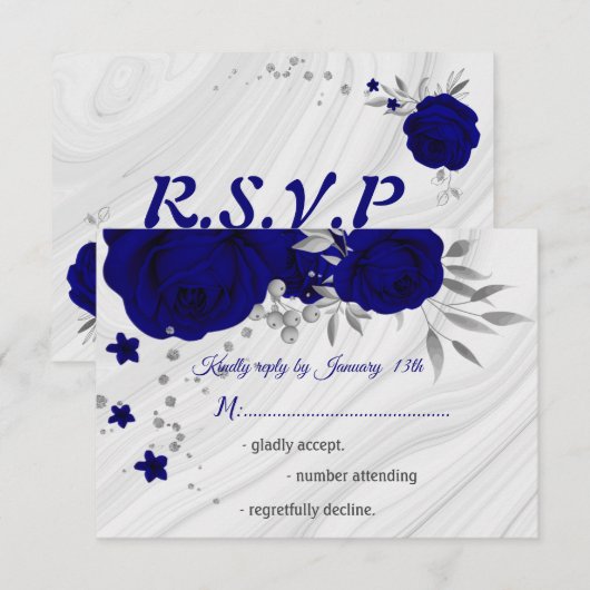 Koninklijk Blauw Zilver Grijs Bloemen RSVP Kaartje (Voorkant / Achterkant)