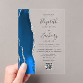 Koninklijk Blauw Zilveren Agaten QR Code Huwelijk Acryl Uitnodigingen (Insitu (Draagbaar))