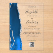 Koninklijk Blauw Zilveren Agaten QR Code Huwelijk Acryl Uitnodigingen (Voorkant)