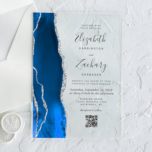 Koninklijk Blauw Zilveren Agaten QR Code Huwelijk Acryl Uitnodigingen