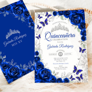 Koninklijk Blauw Zilveren Bloem Quinceanera Kaart