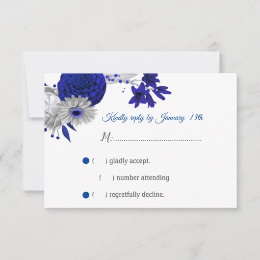 koninklijk blauw & zilveren bloemen RSVP-kaart RSVP Kaartje (Voorkant)