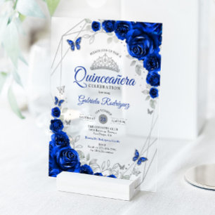 Koninklijk Blauw Zilveren Bloemstuk Quinceanera Acryl Uitnodigingen