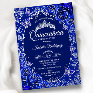 Koninklijk Blauw Zilveren Vlinders Rozen Quinceane Folie Uitnodiging