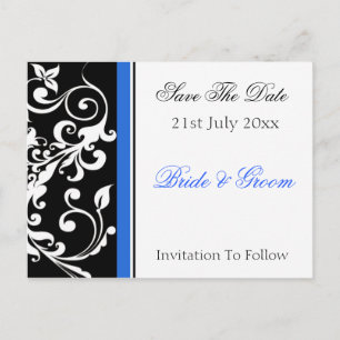 Koninklijk Blauw Zwart en Wit Wervelend Bloemmotie Aankondigingskaart