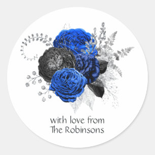 Koninklijk Blauw, Zwart en Zilver Bloemmotief Ronde Sticker