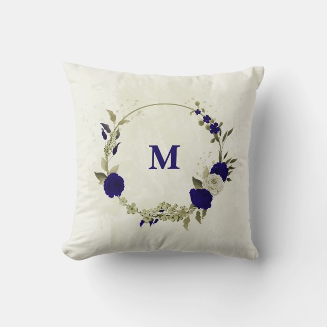 Koninklijk blauwe beige bloemen kussen (Voorkant)