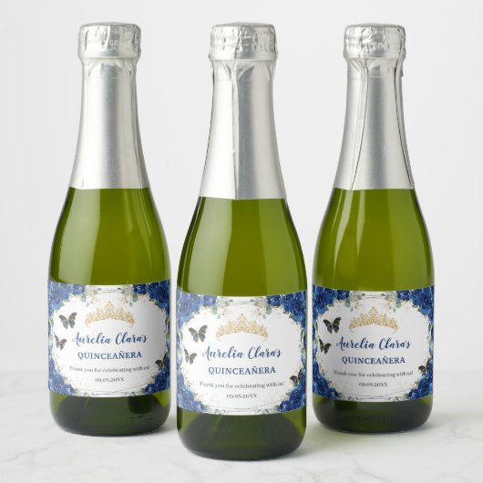 Koninklijk Blauwe Bloem Gouden Vlinders Quinceañer Sparkling Wijnetiket (Flessen)