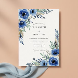 Koninklijk Blauwe Bloemenschilderkunstige Bruiloft Kaart