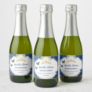 Koninklijk Blauwe Bloemige Gouden Vlinders Quincea Sparkling Wijnetiket