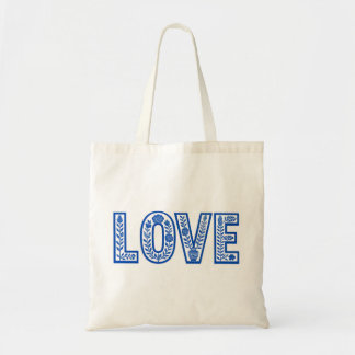 Koninklijk blauwe bloemige "LOVE" boodschappentas Tote Bag