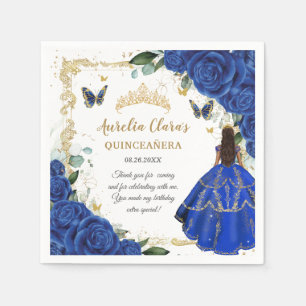 Koninklijk Blauwe Bloemige Prinses Gouden Quinceañ Servet