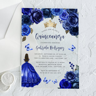 Koninklijk Blauwe Bloemige Quinceañera Acryl Uitnodigingen
