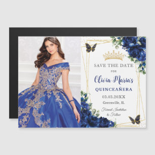 Koninklijk Blauwe Bloemige Quinceañera Foto Wacht  Magnetische Uitnodiging