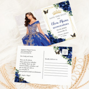 Koninklijk Blauwe Bloemige Quinceañera Vlinders Af Aankondigingskaart