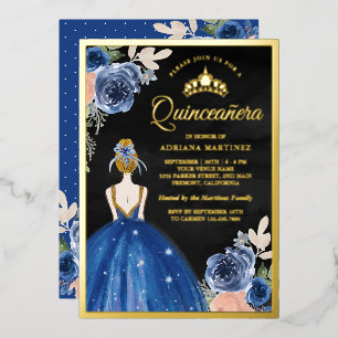 Koninklijk Blauwe Bloemjurk Zwart Quinceanera Goud Folie Uitnodiging