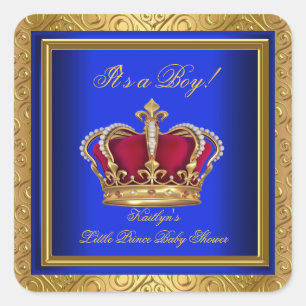 Koninklijk Blauwe Damast Gouden Baby Shower Jongen Vierkante Sticker