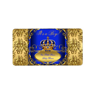 Koninklijk Blauwe Damast Gouden Kroon Baby Shower Etiket