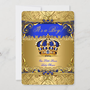 Koninklijk Blauwe Damast Gouden Kroon Baby Shower Kaart