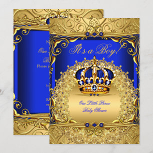 Koninklijk Blauwe Damast Gouden Kroon Baby Shower Kaart