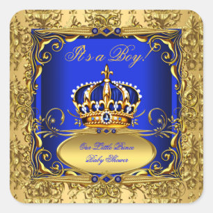 Koninklijk Blauwe Damast Gouden Kroon Baby Shower Vierkante Sticker