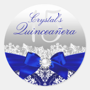 Koninklijk Blauwe Damast & Parel Boog Quinceanera  Ronde Sticker