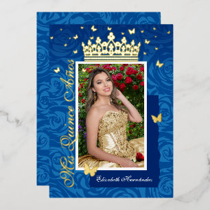 Koninklijk Blauwe Elegante Foto Quinceañera Goud Folie Uitnodiging