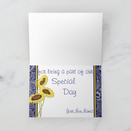 Koninklijk blauwe en gele zonnebloemen bedankkaart (Binnen)