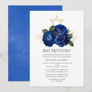 Koninklijk Blauwe en Gouden Bloem Bat Mitzvah Kaart