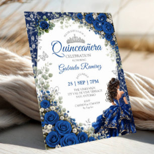 Koninklijk Blauwe en Marine Quinceañera Zilveren V Kaart