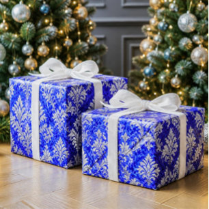 Koninklijk Blauwe en Witte Victoriaanse Damast Ker Cadeaupapier