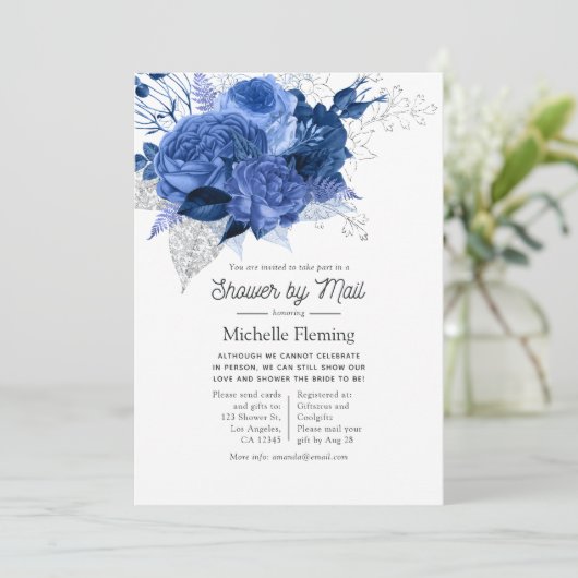 Koninklijk blauwe en zilveren bloemige bruidsdouch kaart (Staand voorkant)