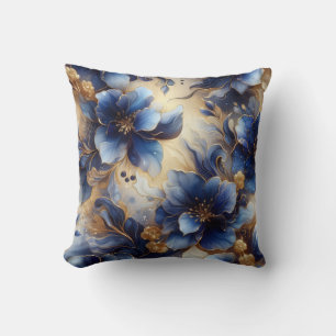 Koninklijk Blauwe + Gouden Alcohol Ink Bloem Kusse Kussen