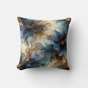 Koninklijk Blauwe + Gouden Alcohol Ink Bloem Kusse Kussen