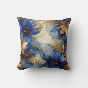 Koninklijk Blauwe + Gouden Alcohol Ink Bloem Kusse Kussen