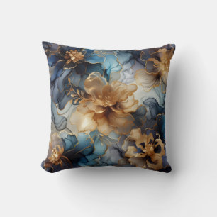 Koninklijk Blauwe + Gouden Alcohol Ink Bloem Kusse Kussen
