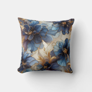 Koninklijk Blauwe + Gouden Alcohol Ink Bloemendoek Kussen