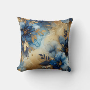 Koninklijk Blauwe + Gouden Alcohol Ink Bloemendoek Kussen