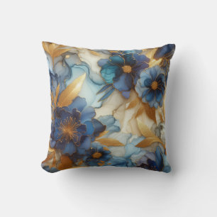 Koninklijk Blauwe + Gouden Alcohol Ink Bloemendoek Kussen