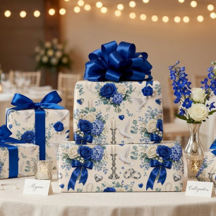 Koninklijk blauwe gouden bloemige huwelijkscadeauv cadeaupapier