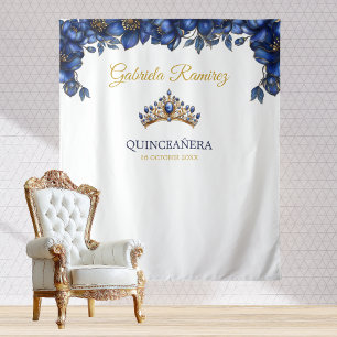Koninklijk blauwe gouden bloemstuk Quinceañera ach Wandkleed