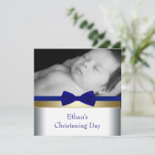 Koninklijk Blauwe Gouden Foto van Baby Jongen Doop Kaart (Staand voorkant)